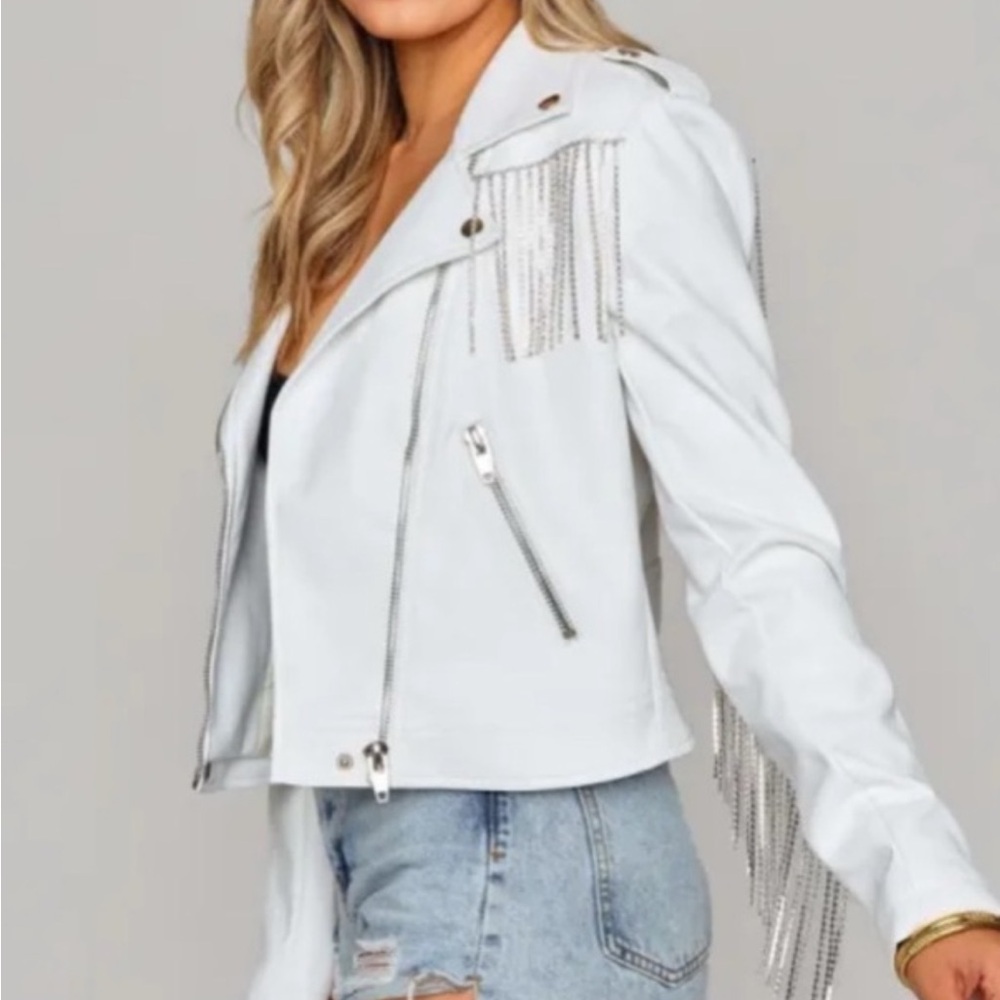 Buddy Love Rife White Vegan Leather Jacket with Rhinestone Fringe - NWT